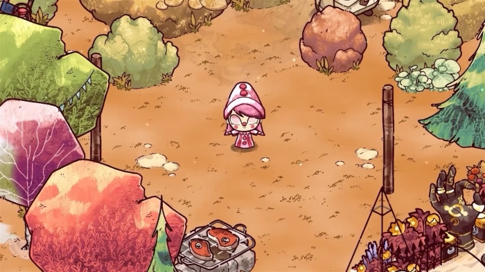 Cozy Grove character in a forest clearing