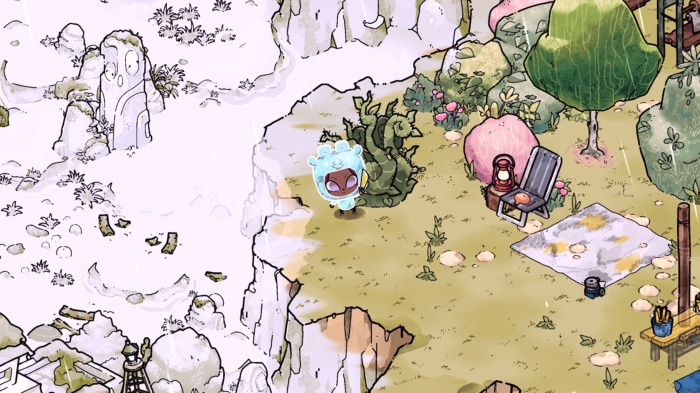 Cozy Grove character on a cliffside