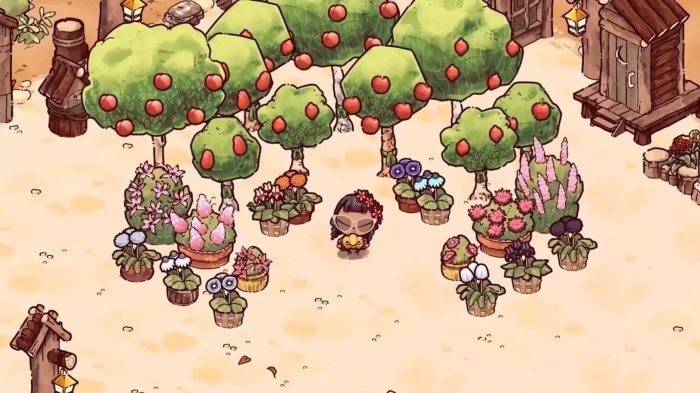 Cozy Grove character in a garden