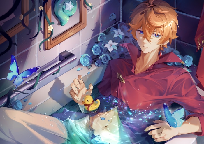 Tartaglia Childe from Genshin Impact in a bathtub