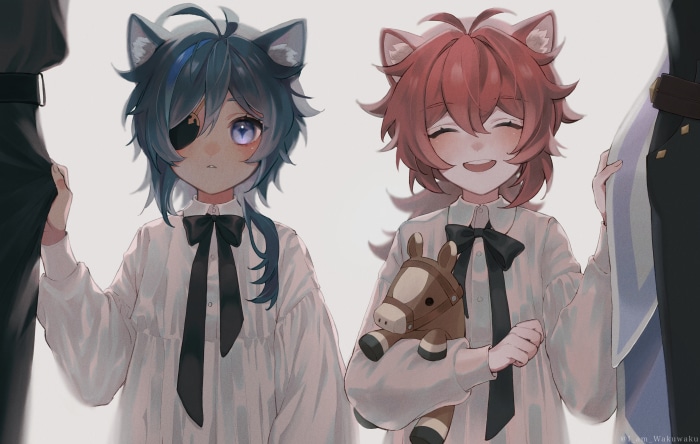 Kaeya and Diluc from Genshin Impact with animal ears