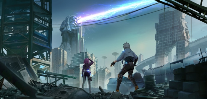 Two characters in a ruined city with a giant statue emitting energy