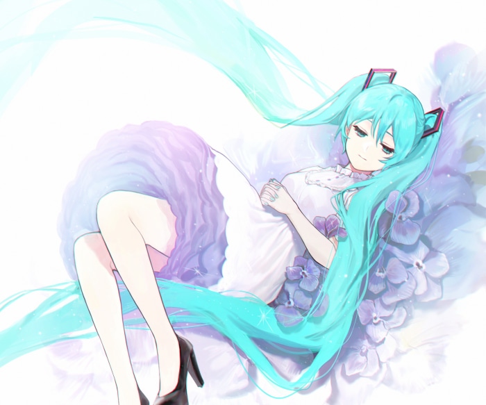 Hatsune Miku from Vocaloid lying on flowers