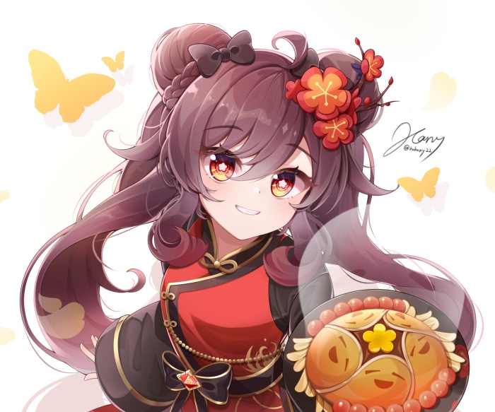Hu Tao from Genshin Impact with butterflies and food