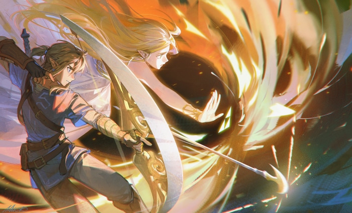Link and Zelda from The Legend of Zelda in battle