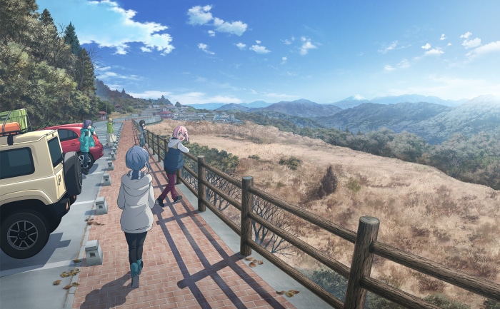 Laid-Back Camp: Girls by the Roadside with Mountain View