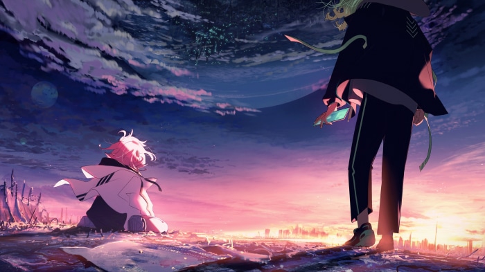 Two figures in a post-apocalyptic landscape at sunset