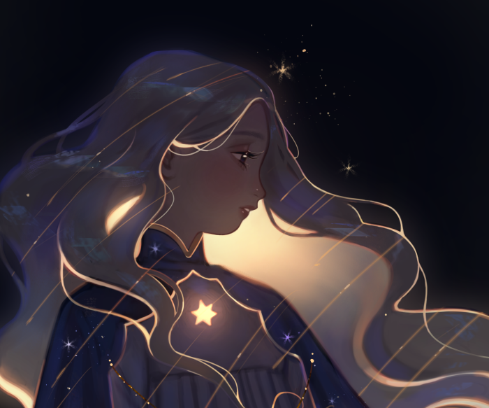 Girl with long blonde hair and starry outfit