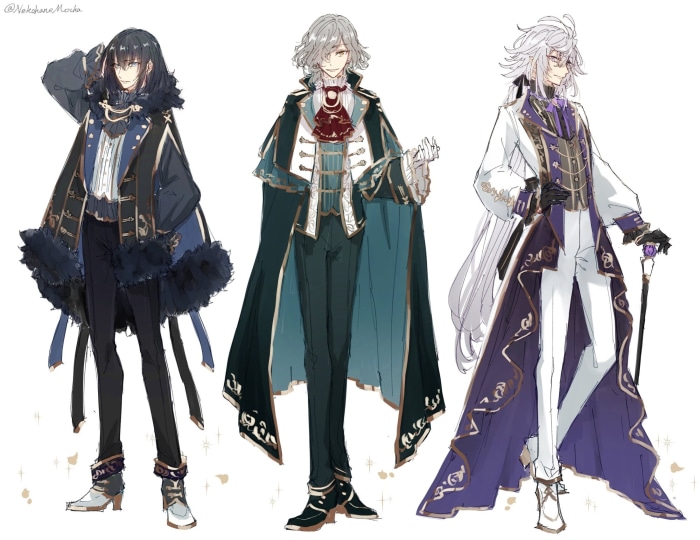 Three male characters in elaborate outfits