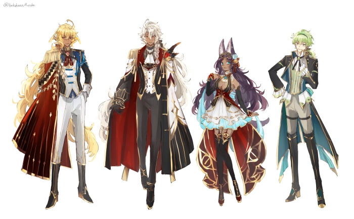 Four characters in elaborate outfits