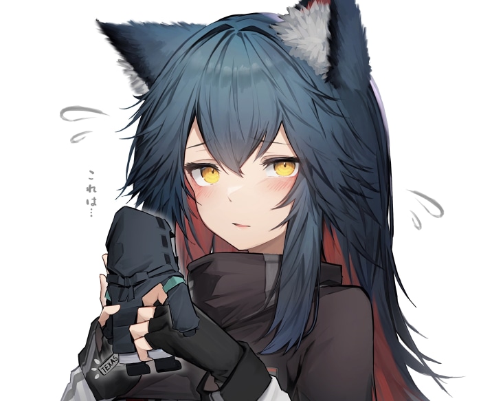 Texas from Arknights holding a doll