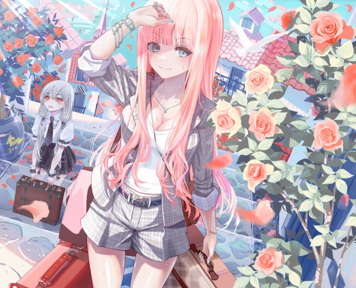 Two anime girls with pink and white hair and suitcases