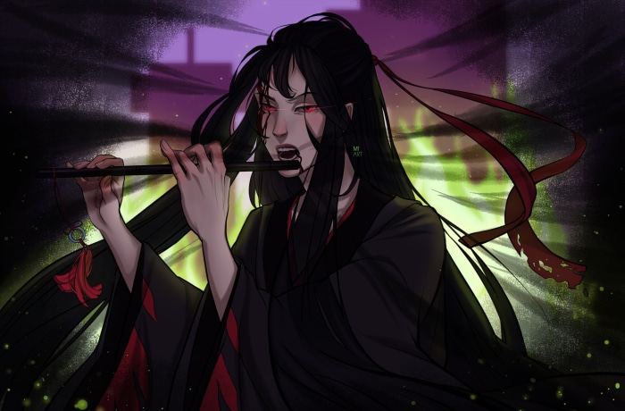 Wei Wuxian playing a flute with green flames