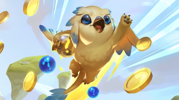 A cute bird creature from League of Legends flying with coins