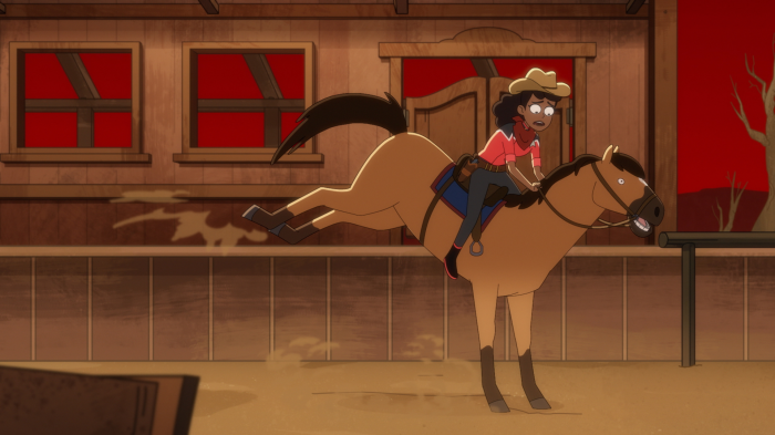 Beckett Mariner from Star Trek: Lower Decks on a bucking horse