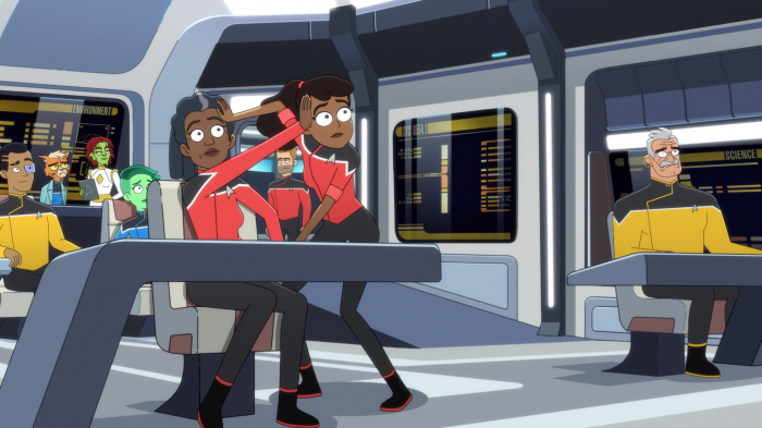 Star Trek: Lower Decks characters on bridge