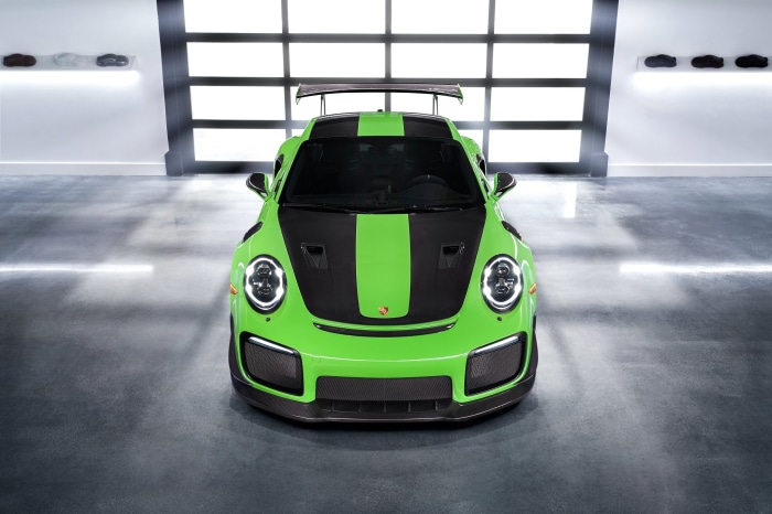 Green Porsche 911 GT2 RS MR in garage