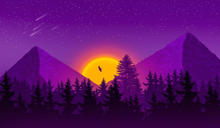 Purple Mountains Sunset with Eagle and Shooting Stars