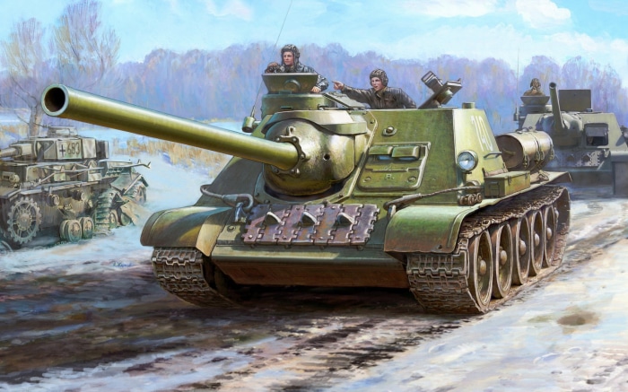 SU-100 Self-Propelled Artillery in Winter Landscape