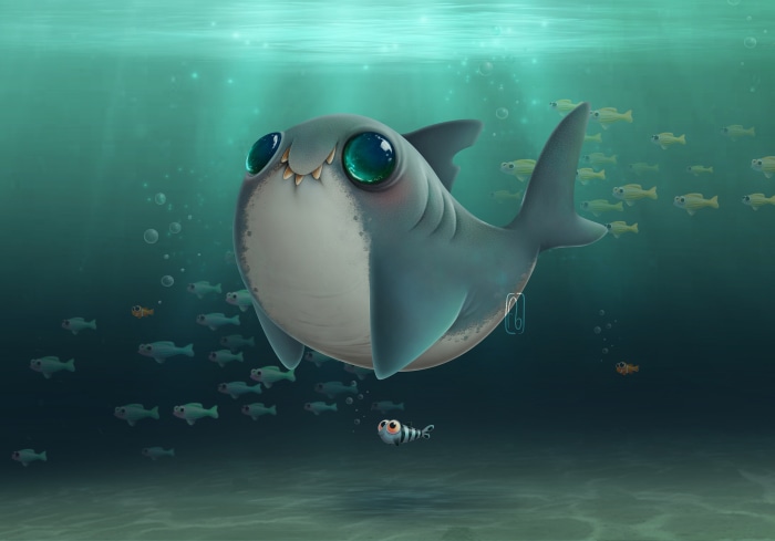 Fantasy shark with big eyes and small fish underwater
