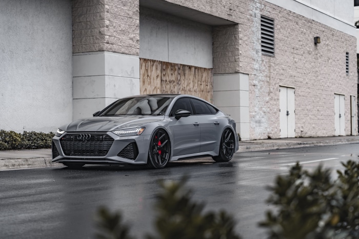 Audi RS7 parked on a wet street