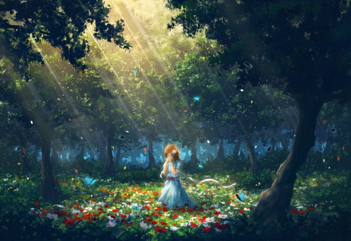 Fantasy Woman Praying in a Flower Field