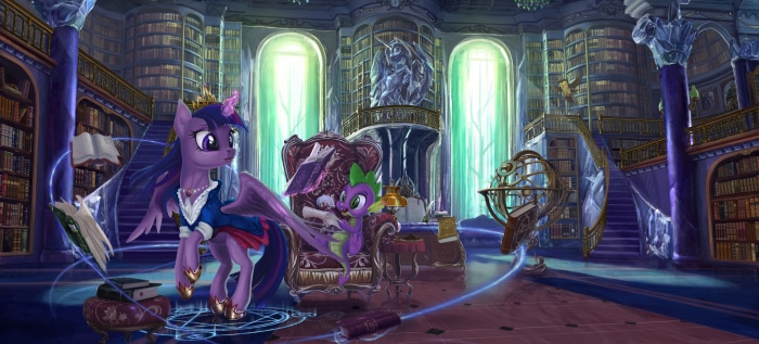 Twilight Sparkle and Spike from My Little Pony in a library