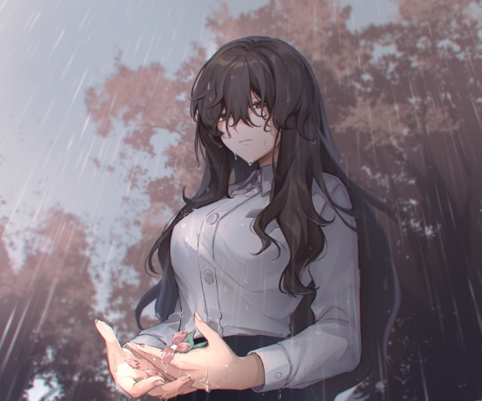 Shindou Ringo in the rain holding a flower