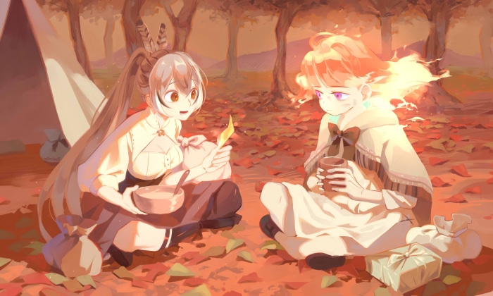 Takanashi Kiara and Nanashi Mumei from Hololive in autumn forest
