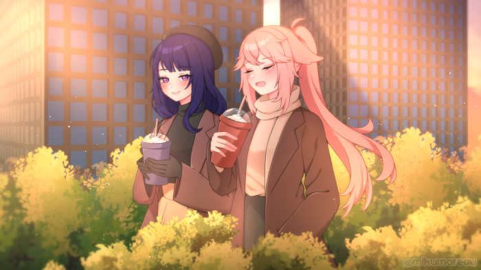 Raiden Shogun and Yae Miko from Genshin Impact with drinks
