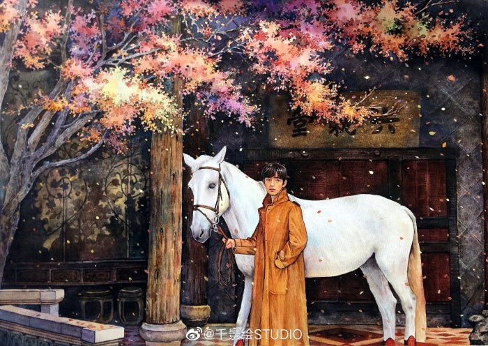 Xiao Zhan with a white horse under a blooming tree