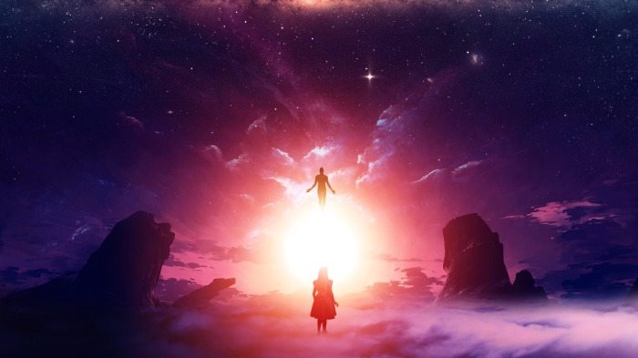 Girl and floating figure in a cosmic sky