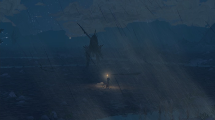 A lone figure with a lantern faces a shadowy creature in the rain