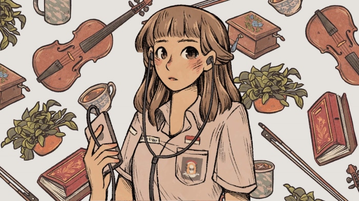 Girl with headphones and music items