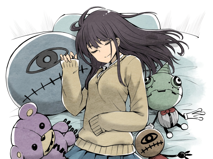 Miko Yotsuya from Mieruko-chan sleeping with toys