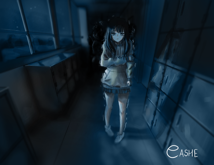 Miko Yotsuya from Mieruko-chan in a dark hallway