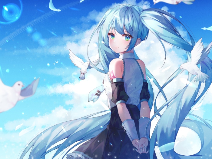 Hatsune Miku with doves in the sky