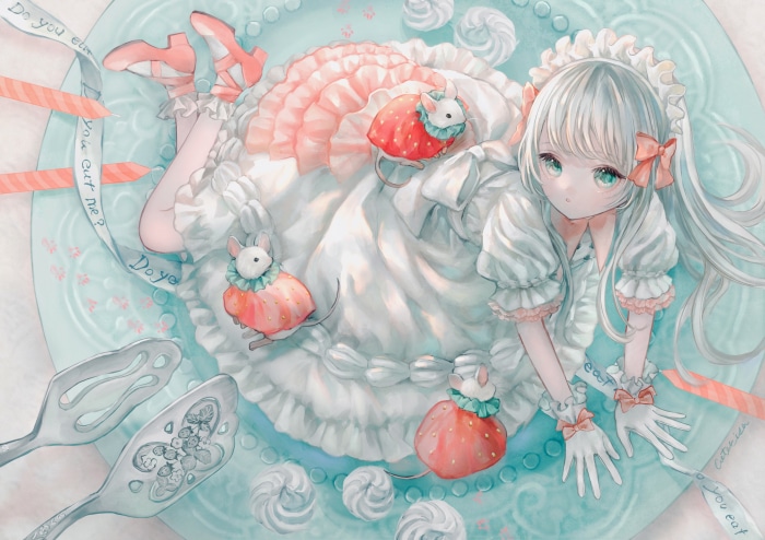 Girl in a maid outfit with mice and strawberries