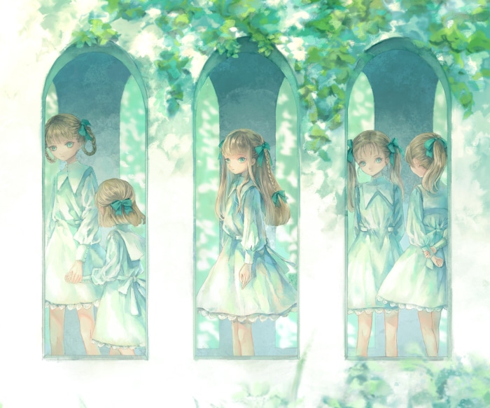 Five girls in light blue dresses standing in arched windows