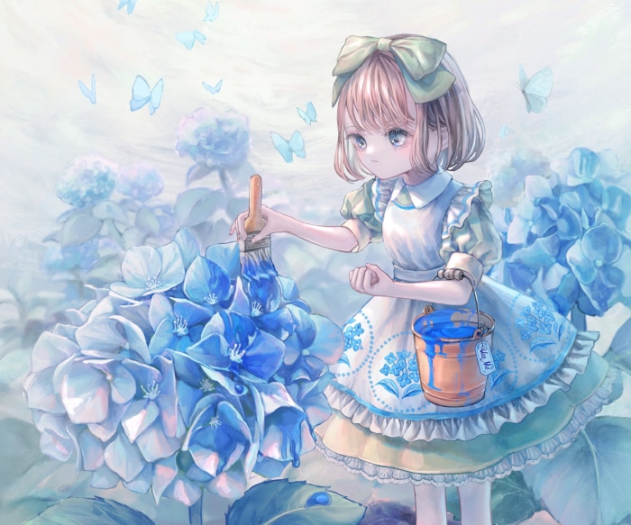 Girl painting blue hydrangeas with butterflies