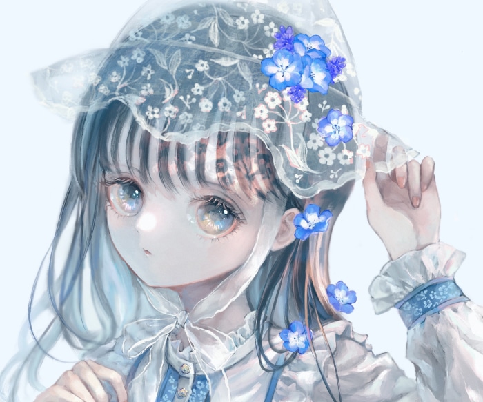 Anime girl with blue flowers and lace bonnet
