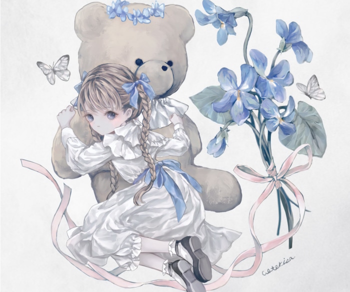 Girl with Teddy Bear and Flowers