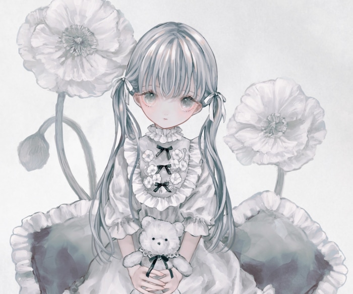 Girl in a white dress holding a teddy bear