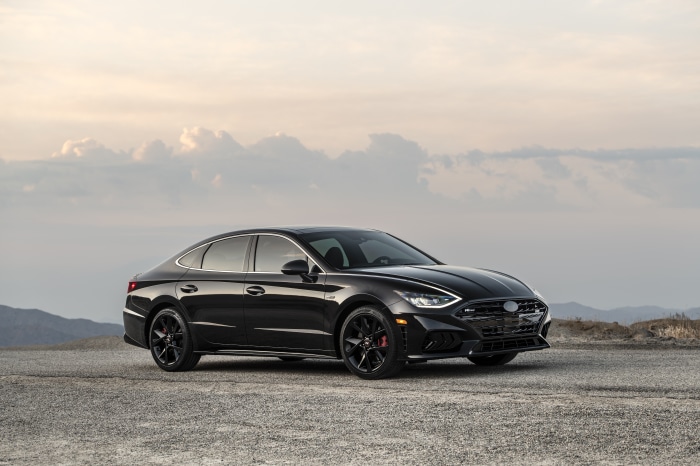 Black Hyundai Sonata N Line sedan on gravel road