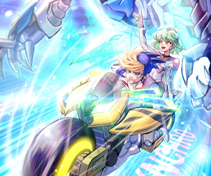 Yuugo and Rin from Yu-Gi-Oh! Arc-V on a motorcycle