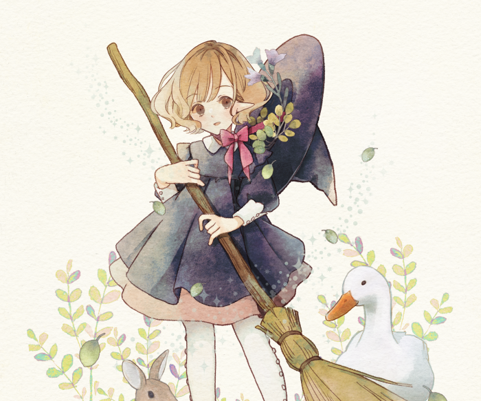 Girl witch with broom, rabbit, and duck