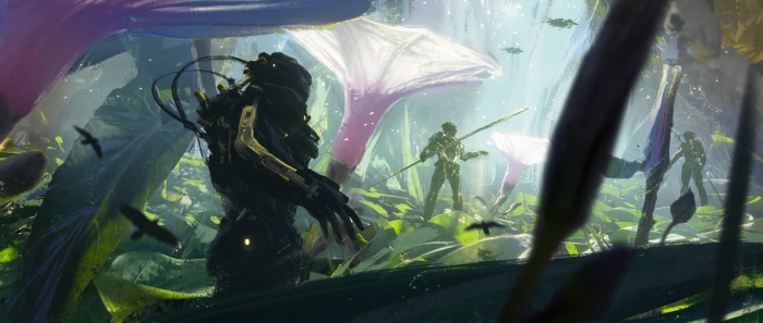 Sci-fi soldiers in a vibrant alien jungle