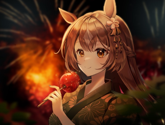 Satono Diamond from Uma Musume: Pretty Derby holding candy apple