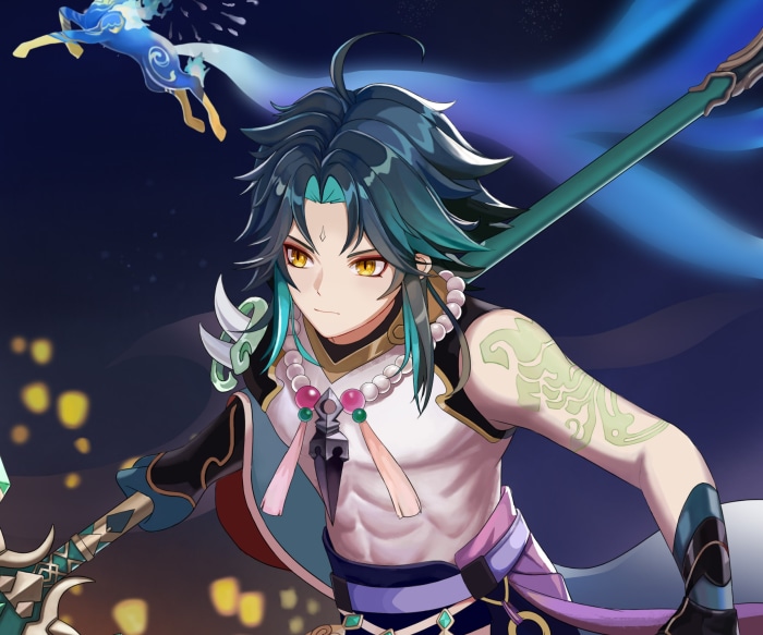 Xiao from Genshin Impact with a spirit