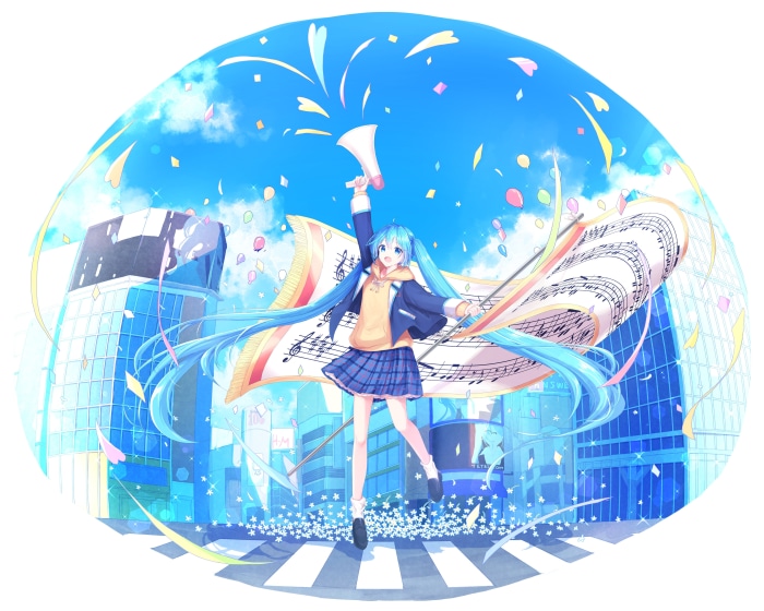 Hatsune Miku with Music Sheet in City
